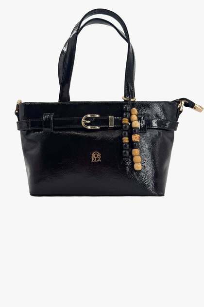 67-8150 Wrinkled Patent Leather Black Shoulder and Shoulder Bag