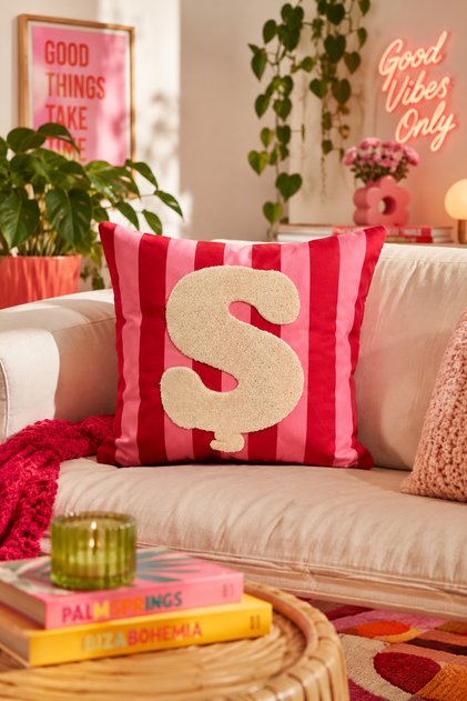 Punch Embroidered Throw Pillow Cover - 43*43 cm - Pink Letter S - Pnk001