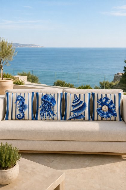 Set of 4 Marine Themed Decorative Throw Pillow Covers – Seahorse, Jellyfish, Sea Shell, Pearl, and Oyster Patterned 43X43 cm