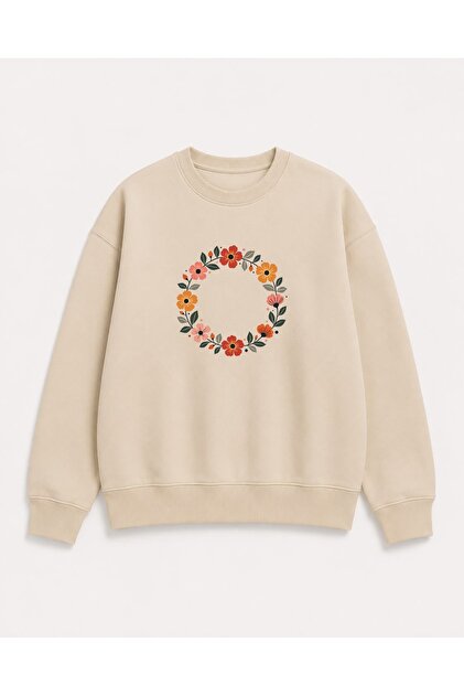 Ring Flowers Print Detailed Shirred 2 Thread Crew Neck Sweatshirt