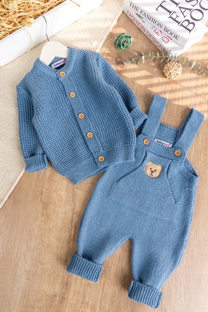 Knitted Baby Boy Salopet Jumpsuit Set with Knitwear Cardigan and 2 Adjustable Straps