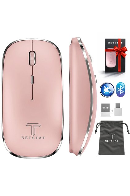 ® Безжична мишка, Тих клик, Свързване с 3 устройства, Bluetooth 5.1 и 2.4GHz, USB-C и USB-A, DPI 1600, 450mAh батерия, Тънка и преносима, Анатомична, За офис и гейминг, Розова