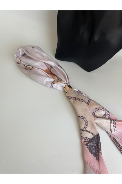 Chain Rope Patterned Double-Sided Scarf with Gold Ring Detail (70X70 cm)