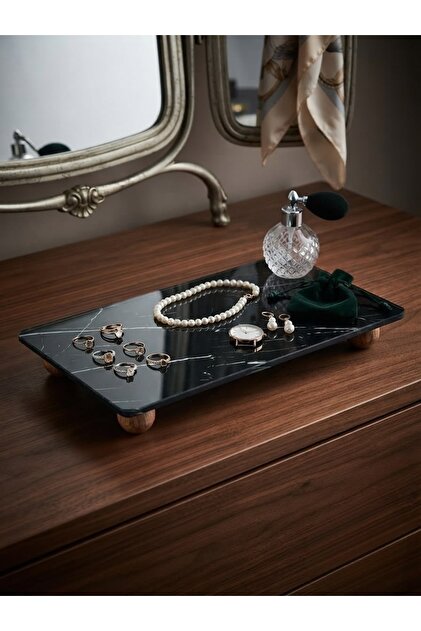 White Marble Patterned Glass Presentation Plate with Wooden Legs, Cheese Plate and Decorative Serving Dish
