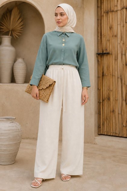 Vera Elastic Waist Wide Leg Trousers Ecru Standard