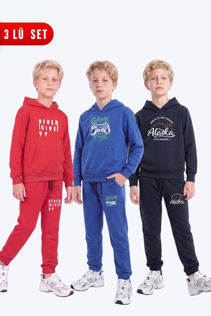 Boy's 3-Piece Printed Kangaroo Pocket Hooded Tracksuit Set