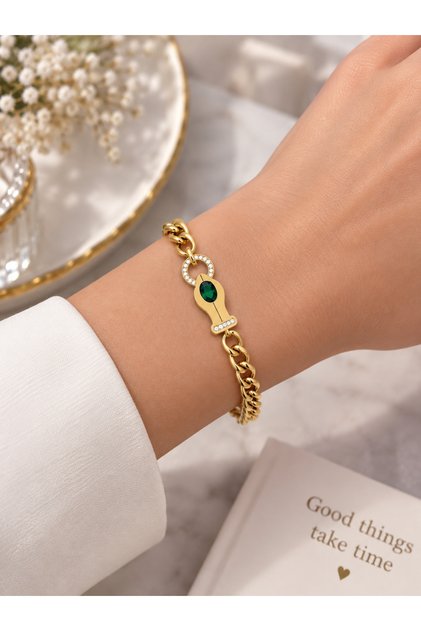 316L Stainless Steel Gold Color Green Stone Detailed Chain Women's Bracelet