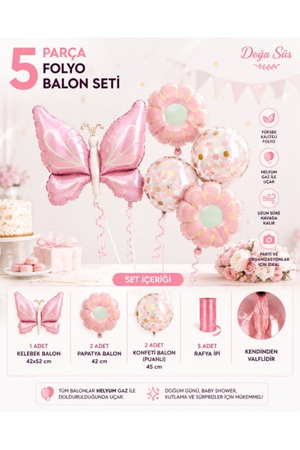 Papatyalı Pembe Kelebek Folyo Balon Seti