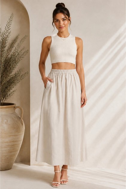 Women's Cream Cotton Poplin Lined Pinterest Maxi Long Skirt with Pockets
