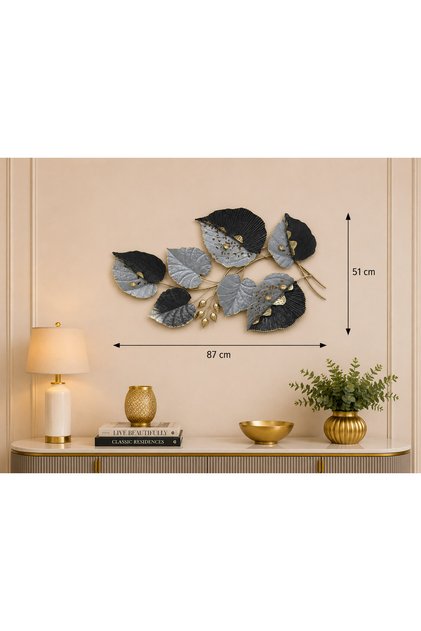 Dekoratif Metal Duvar Panosu Siyah Gri Gold Yaprak Desenli Modern Salon Duvar Dekoru 87x51 cm