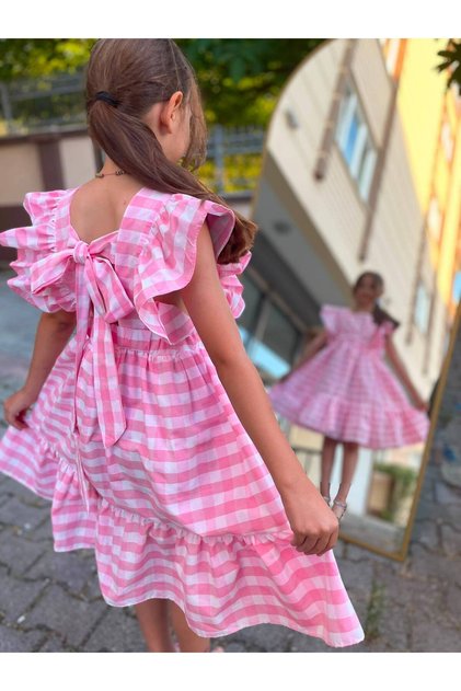 Gingham Patterned Pink Summer Dress with Belt for Children