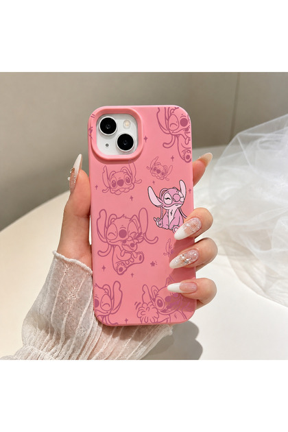 iPhone 13 / 14 / 15 Uyumlu Pembe Stitch Desenli Sevimli Baskılı Silikon Telefon Kılıfı