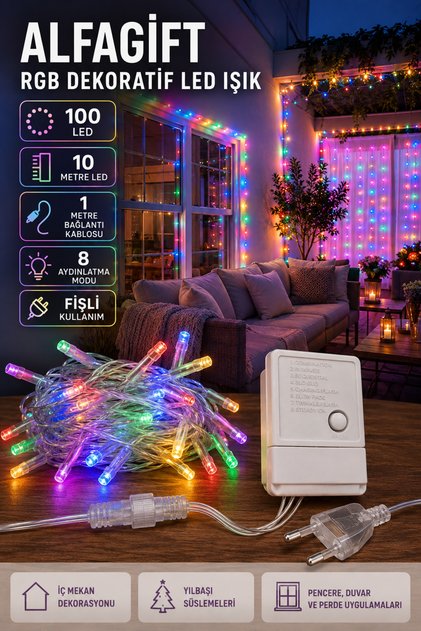 10 Metre 100 LED Perde Led Işık 8 Modlu Fişli Dekoratif Yılbaşı Balkon Parti Aydınlatma