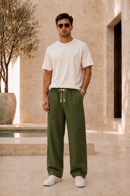 Erkek Haki Müslin Görünümlü Baggy Pantolon Rahat Kalıp Arka Cepli Bol Kesim Günlük