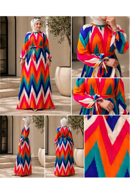 Rainbow Sleeved Tunic Viscosse Dress with Tie Belt