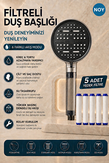 Duş Başlığı Seti Filtreli Duş Başlığı 6 Fonksiyonlu 5 Yedek Filtre Hediyeli Premium Serisi