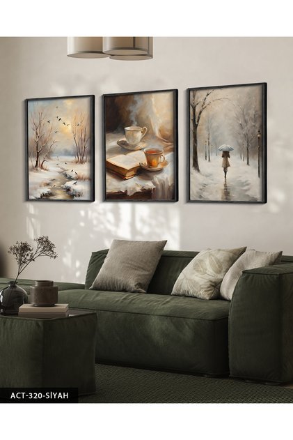 Snowy Forest and Hot Tea 3 Piece Wooden Framed Painting Act