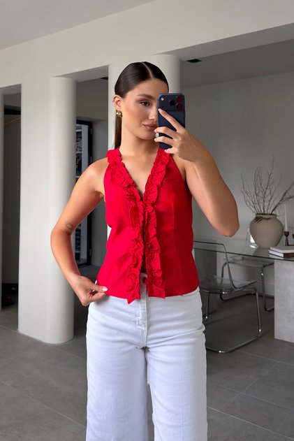 V-Neck Ruffled Blouse - Red