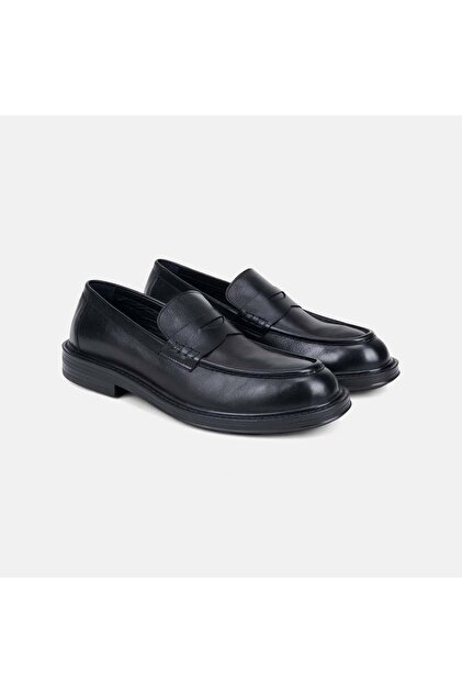 Erkek Siyah Deri Bant Detaylı Klasik Loafer