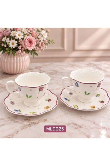 Set of 2 Flower Patterned Porcelain Coffee Cups