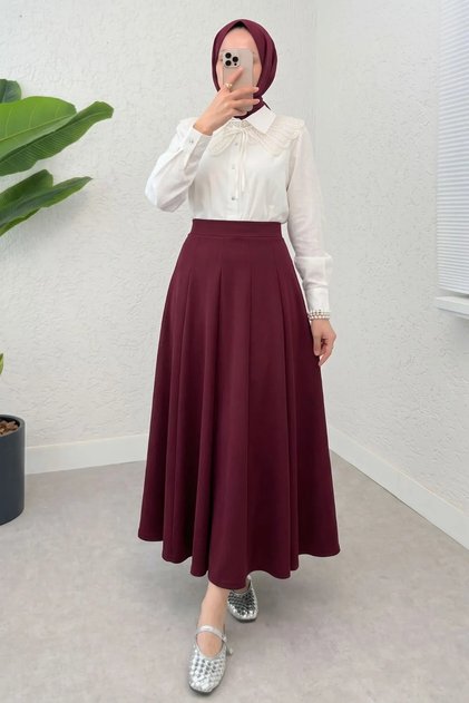 Kadın Çıma Parçalı Kloş Bordo Uzun Tesettür Etek