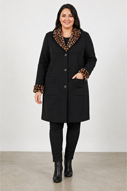 Women's Fur-Trimmed Steel Knit Black Coat