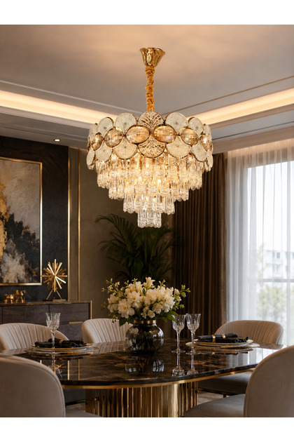Sima Avize Modern Kristal Taşlı Gold Avize | Şık & Lüks Salon ve Yemek Odası Avizesi
