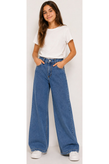 Girl's Wide Leg Model Jeans with Elastic Waist and Zipper Closure in Dark Blue Color