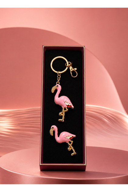 Flamingo Figured Pink Stone Detailed Keychain and Brooch 2-Piece Accessory Set
