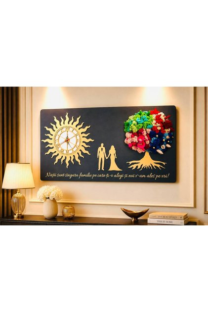 Cadou pentru Nași din Lemn 60x40 cm – Copacul Vieții cu Licheni Multicolori, Ceas Soare și Siluete Aurii, Decor de Mulțumire