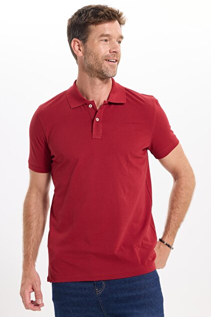 Men's Slim Fit Premium Series 100% Cotton Soft Textured Mercerized Claret Red Polo Collar T-Shirt
