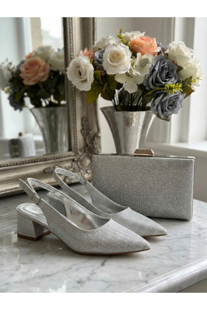 Women's Silver Glitter Open-Back Thick Heeled Evening Dress Shoes and Bag Set