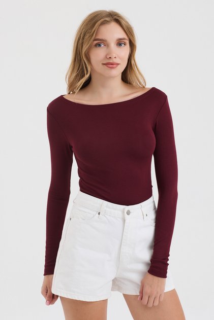 Women's Burgundy Boat Neck Slim Fit Finger-Looped Ultra Soft Flexible Lycra Cotton Basic Body&Blouse