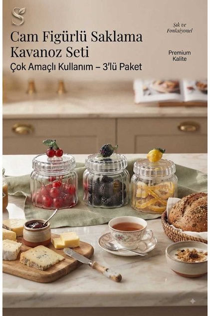 3 Adet Cam Kavanoz, Çizgili Gövde ve Figürlü Kapaklı Baharatlık / Reçellik / Kuruyemişlik