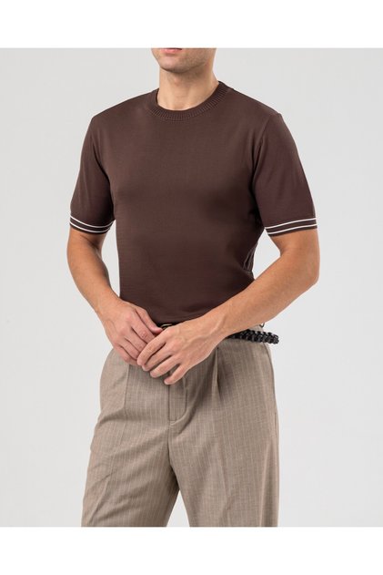 Italian Style Slim Fit Men's Crew Neck Short Sleeve Knitwear T-Shirt Brown T20031-03
