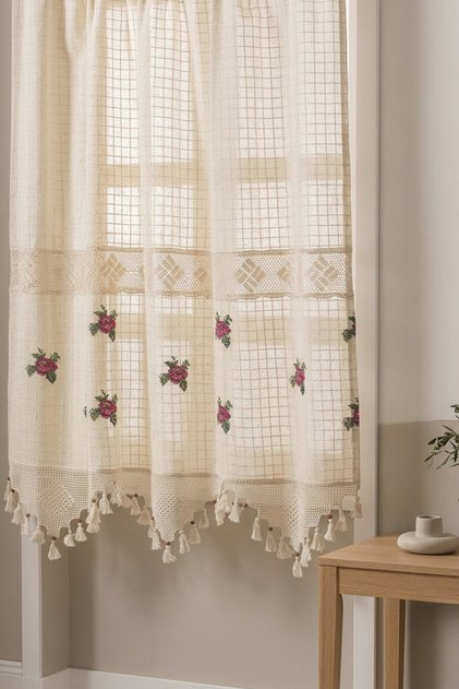 Rose Sprinkled with Rose Embroidery and Cross Stitch, Authentic Lace Detailed Cotton Decorative Curtain