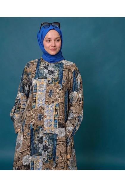 Authentic Pattern Long-Sleeved Buttoned Plus Size Viscose Dress