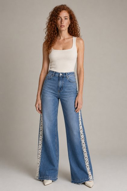 Women's High Waist Side Stripe Patterned Wide Leg Jeans, Light Blue