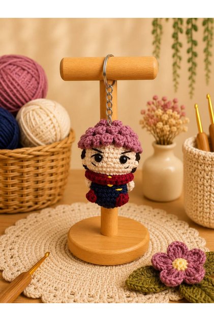 Amigurumi Knitted Keychain - Handmade Bag Accessory and Gift Anime Character Yuji