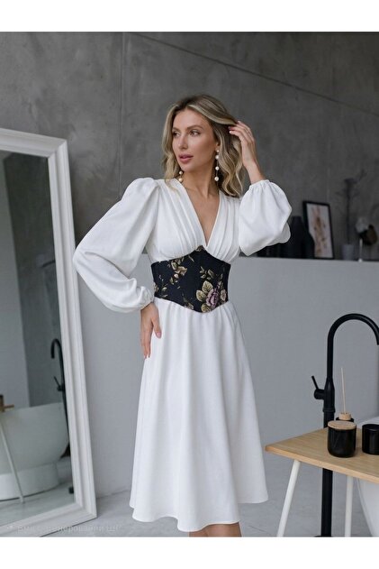 Siyah Vintage Goblen Korse Kemeri - Çiçekli Kadın Büstiyer - Elbise Üstü Dekoratif Korse