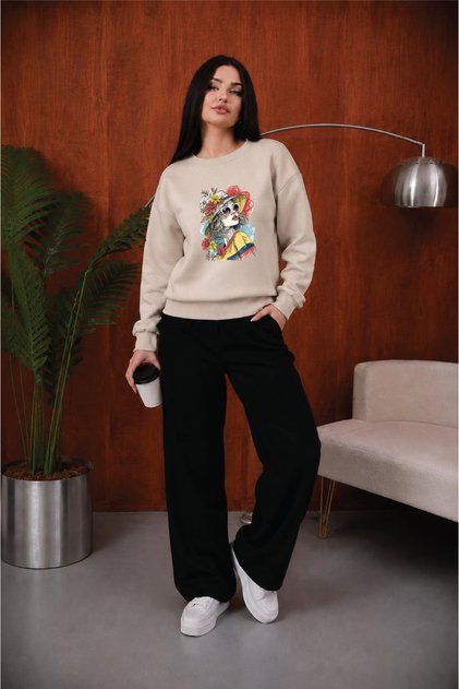 Women's Graphic Printed Comfortable Fit Crew Neck Beige Sweatshirt with Glasses
