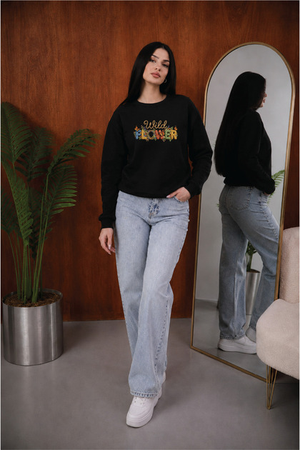 Women's Wild Flower Written Graphic Printed Comfortable Fit Crew Neck Black Sweatshirt