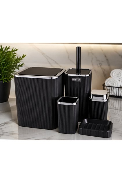 Black 5-Piece Bathroom Set Trash Can Liquid Soap Dispenser Toothbrush Holder Solid Soap Dispenser Toilet Brush