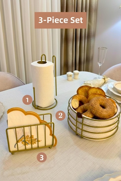Set of 3 Matte Gold Cage Napkin Holder, Vertical Paper Towel Holder, Round Bread Basket with Divider, Kitchen Set