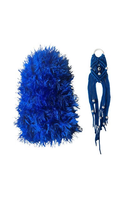 Long Hair Blue Plush Car Gear Gaiter Tassel / Blue Macrame Car Exhaust Tassel with Charm
