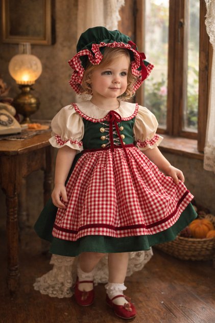 Gingham Green Red Baby Girl Period Dress with Plaid Detail