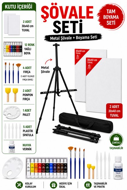 Şövale Resim Seti, Ressam Yağlı Boya Metal Şövalye Set, Tüval Tuval Set