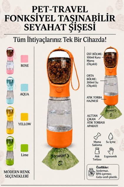 Taşınabilir Kedi Köpek Suluğu 500 ml 3in 1 arada Seyahat Su Şişesi Mama Kaseli ve Çöp Poşeti Hazneli