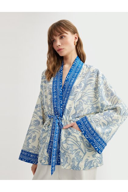 Cotton Pocket Tie Detail 3/4 Wide Sleeve Floral Kimono
