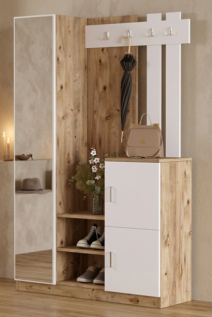 Henley Aynalı Vestiyer Portmanto Ayakkabılık Raflı 3 Kapaklı Çam-Beyaz HEN7-AW